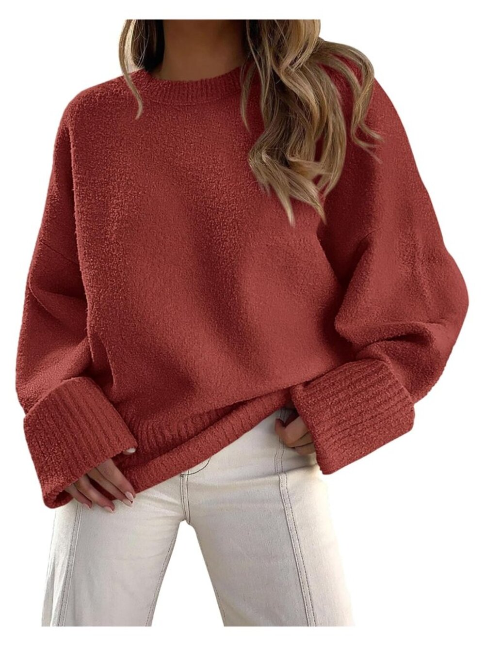 Women's Oversized Fuzzy Crew Neck Pullover Sweater Long Sleeve Cozy